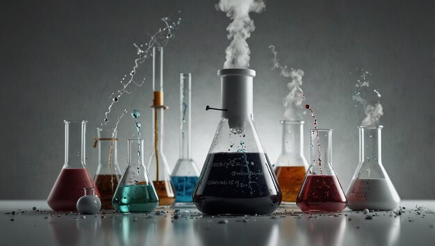 Photo chemistry lab glassware including beakers and round bottom flasks with colorful liquids and metal cl