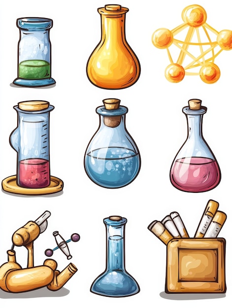 Photo chemistry lab illustration with flasks beakers and molecule models