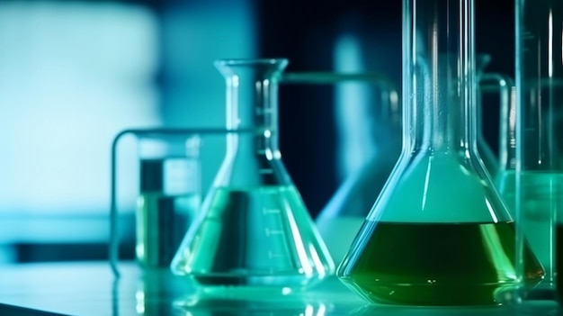 A chemistry lab with a blue background and green flasks.