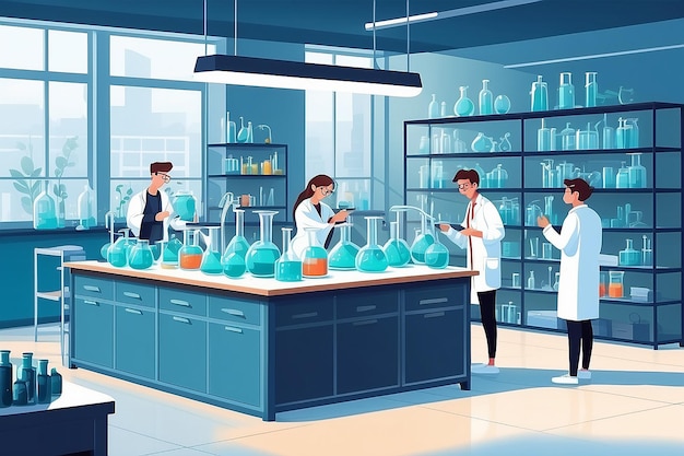 a chemistry lab with students conducting experiments on polymerization and material science vector illustration in flat style