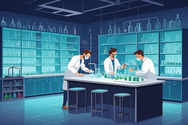 a chemistry lab with students synthesizing new compounds and materials vector illustration in flat style