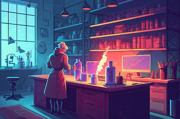 Chemistry laboratory interior with computer and scientist science and research in chemical industry generative ai