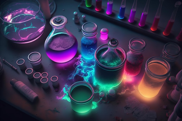 Chemistryfilled beakers Beakers with colorful chemical Generative Ai