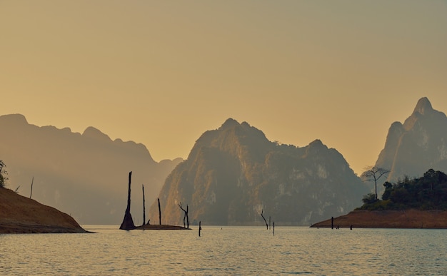 Cheow lan lake in khao sok national park thailand tropical landscape at the dawn postcard poster wal...