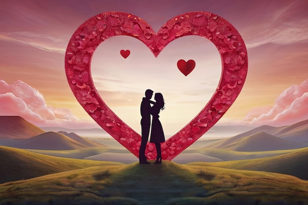 Cherish love with Valentines Day card Couple admires heart symbol in surreal romantic landscape