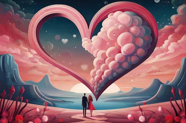 Cherish love with Valentines Day card Couple admires heart symbol in surreal romantic landscape