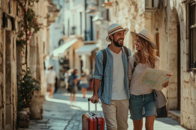 Photo cherishing travel adventures happy couple exploring a charming european city together