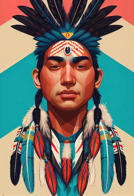 Cherokee Indian with feathers on his head illustration