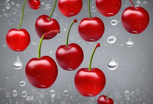 Cherries are flying in the air with water droplets on them.