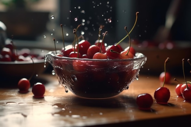 Cherries in a bowl with water drops on the table