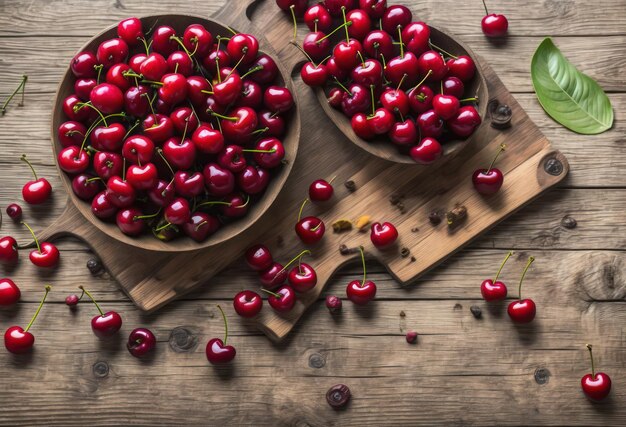 Cherries in bowls on a wooden table