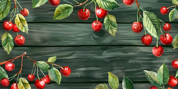 cherries on a branch with green leaves and a wooden background