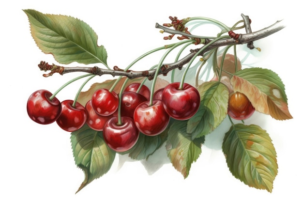 Cherries on a Branch with Leaves in a Painting Generative AI