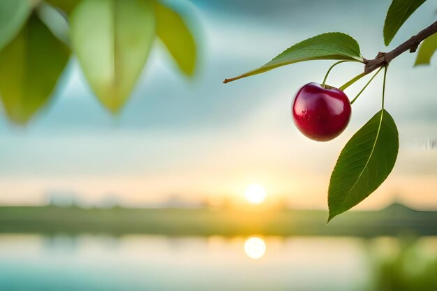 Cherries on a branch with the sun setting behind them.