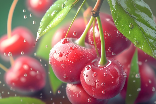 Cherries on a branch with water drops