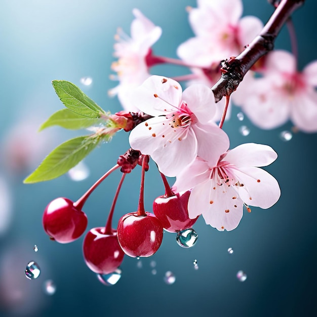 Cherries and cherry on a colorful blue background