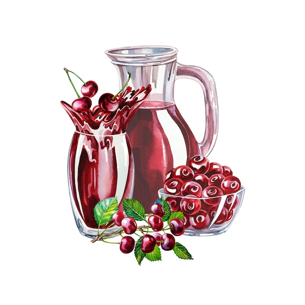 Cherries and cherry juice in a glass goblet Jug with juice. Watercolor illustration.