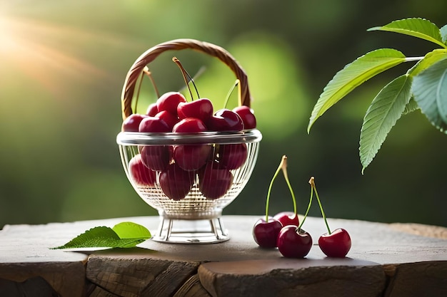 Cherries in a glass bowl with a green background.