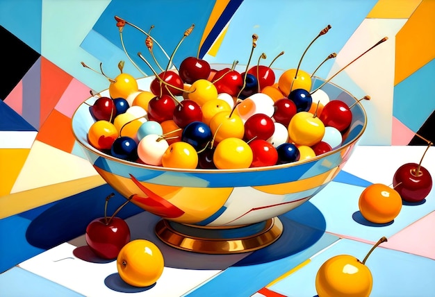 Cherries in a golden bowl a background in pale blue pastel colors