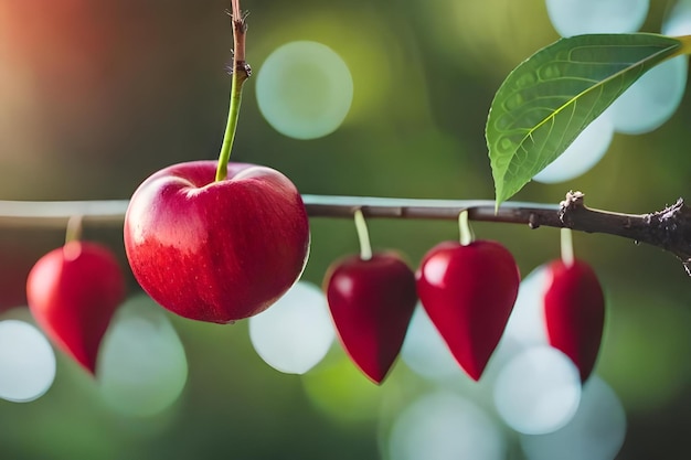 Cherries hang on a tree with the sun behind them.