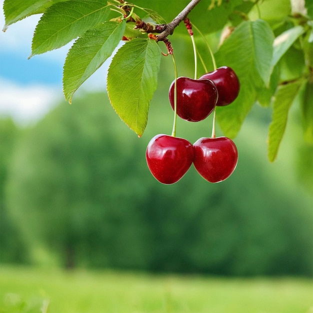 Photo cherries hanging from a tree with a blue sky in the background