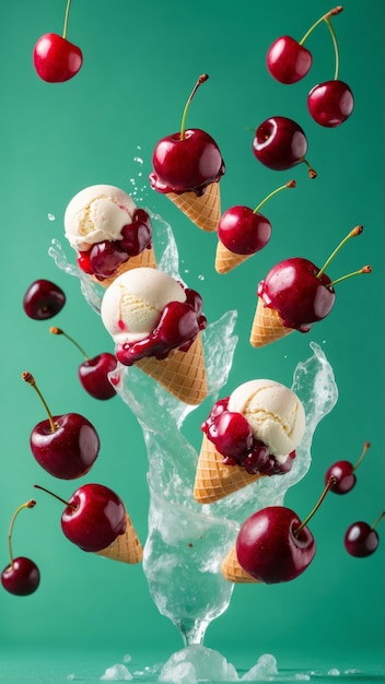 Photo cherries and ice cream cones with a splash on a green background