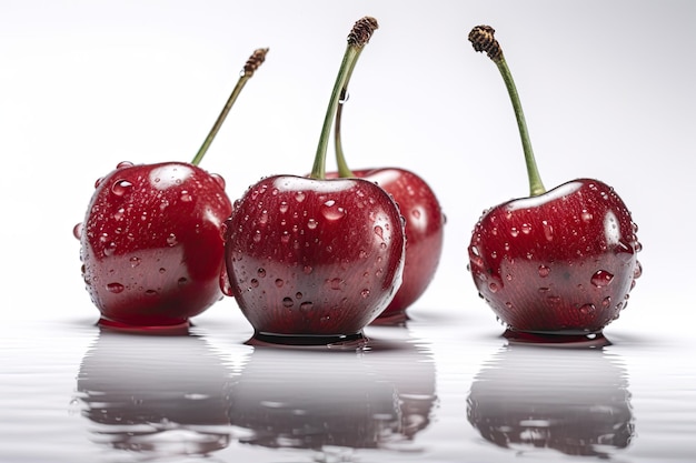 Cherries in a row with water droplets on them