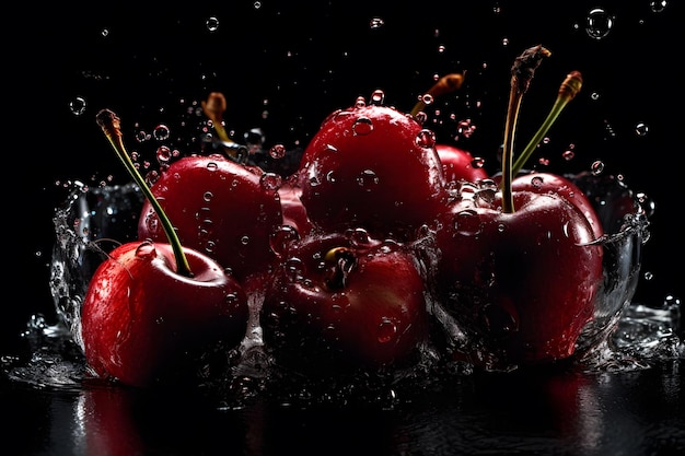 Cherries in a splash of water on a black background Neural network AI generated