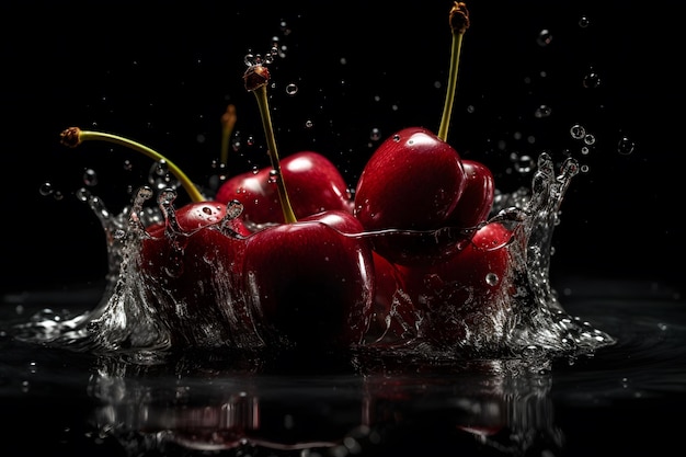 Cherries in a splash of water on a black background Neural network AI generated