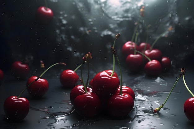 Cherries on a wet surface with rain drops on them