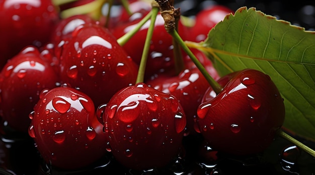 cherries with green leaves