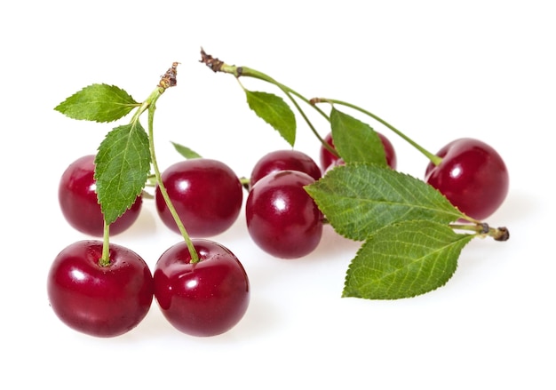 Cherries with leaves isolated on white background