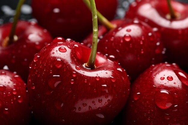 Cherries with water drops on a black background closeup