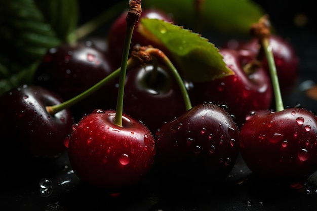 Cherries with water drops on a black background