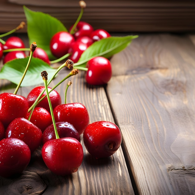 Cherries with water drops on wooden background