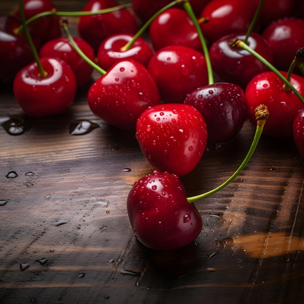 Cherries on wooden table Fresh cherries on wooden background