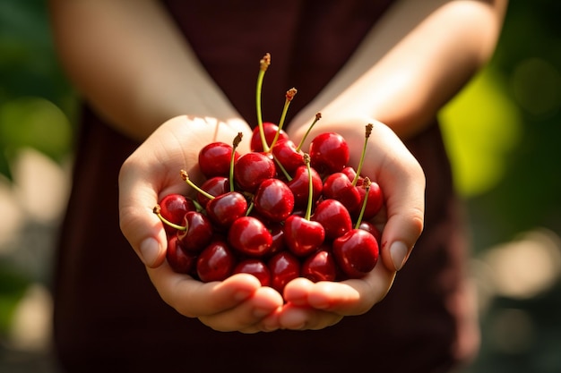 Cherries on a wooden table with a female hand in the background