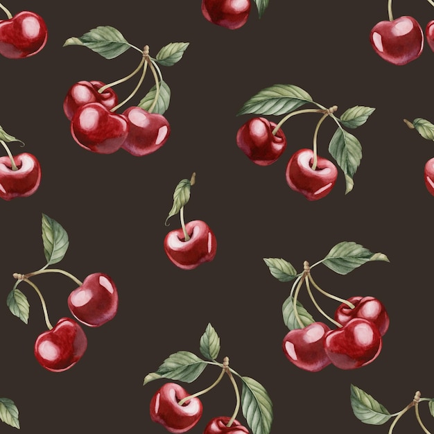 Cherry berries with leaves watercolor floral seamless pattern on dark background for table textile