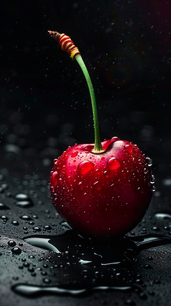 a cherry on a black background with drops of water