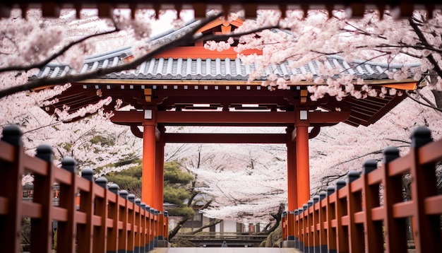 Photo cherry blassom a photo of cherry blossoms framed by a traditional japanese torii gate