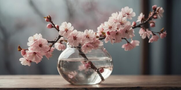 Cherry blossom branch in a glass vase with petals