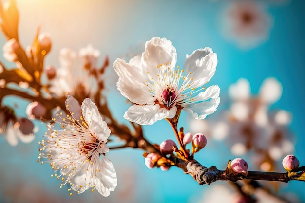 Cherry blossom branch macro shot in sunlight with copy space and a pleasant light blue sky