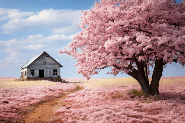 Cherry blossom branches with a field of goldenrod