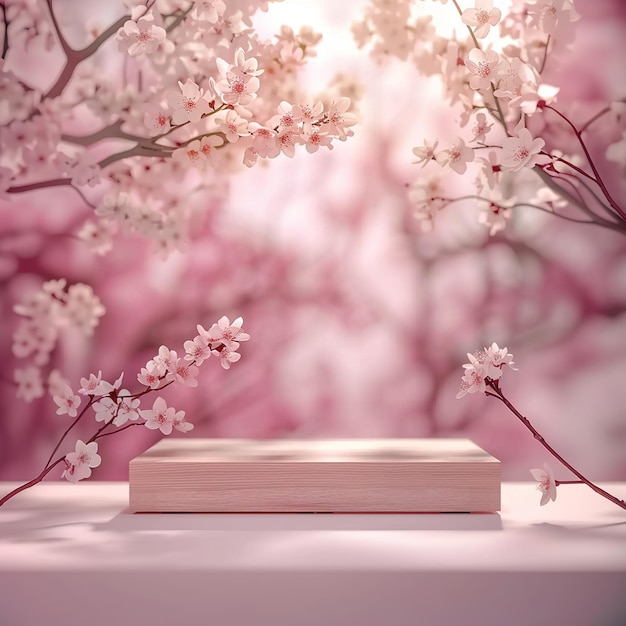 Photo cherry blossom display with wooden stand