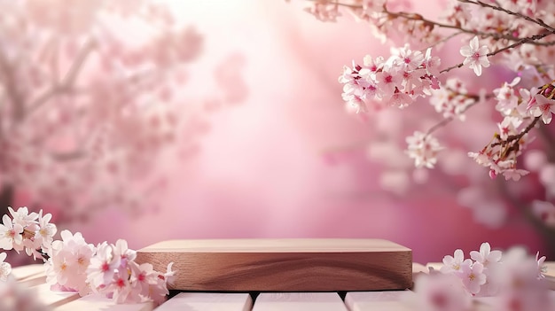 Photo cherry blossom display with wooden stand