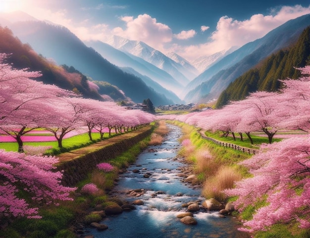 cherry blossom field There are streams and mountains background