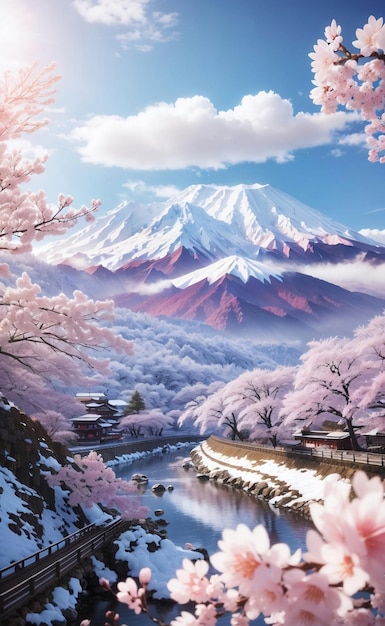 Cherry blossom field with fuji mountain Generative AI Illustration