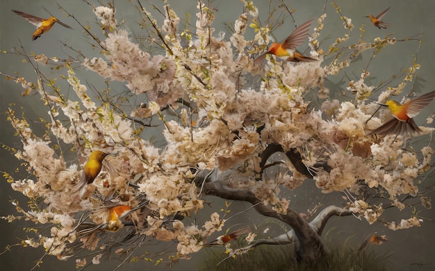 cherry blossom flowers in full bloom across the branches of a tree Vibrant hummingbirds in shades o