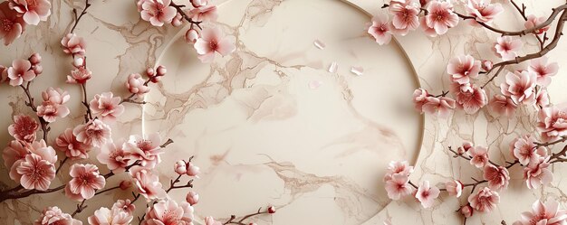 Photo cherry blossom pattern with a circular blank center on a marble background