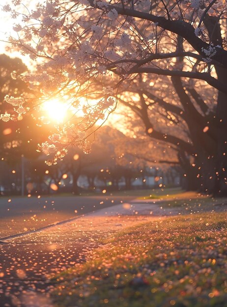 Cherry Blossom Petals Falling at Sunset